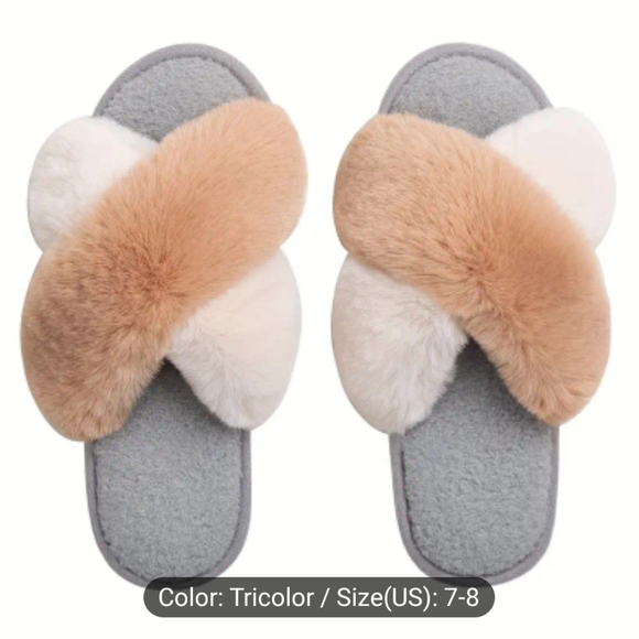 Cozy Faux Fur Slippers in Gray and Tan (NWT) - Picture 2 of 2
